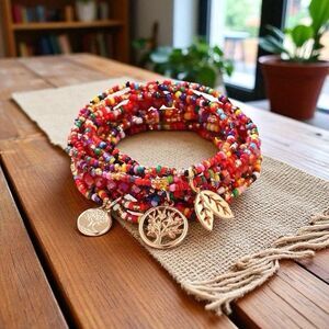 Boho Red Agate Beaded Stacking Bracelets - Set Of 3